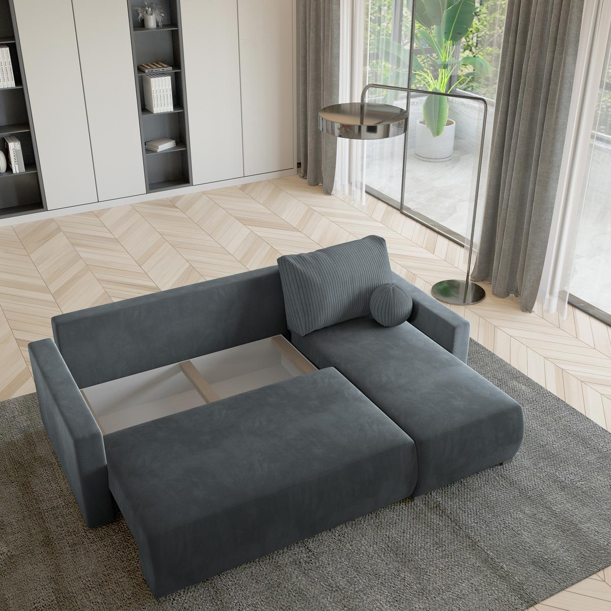 ECKSOFA SORGE Grau Plüsch-Stoff mit Schlaffunktion - Grau, Holz (220/143cm) - MASSENO