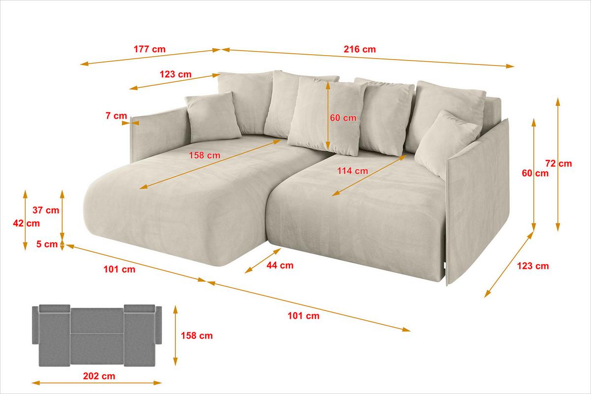 ECKSOFA Ottomane links ONESK-L 216x177x72 Ecru Velours - Ecru, Holzwerkstoff/Kunststoff (216/177cm) - ALTDECOR