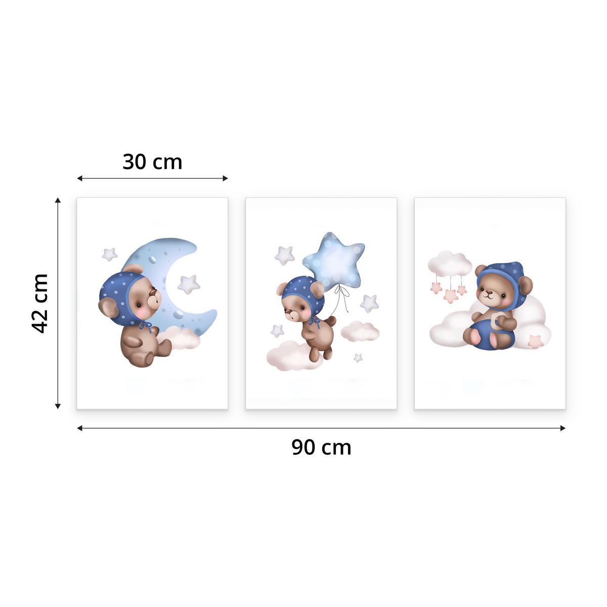 POSTER SET für Kinderzimmer Teddybären Ballons Sterne Wolken 3x Poster A3 30x42cm - Beige/Rosa, Papier (30/42/1cm) - Muralo