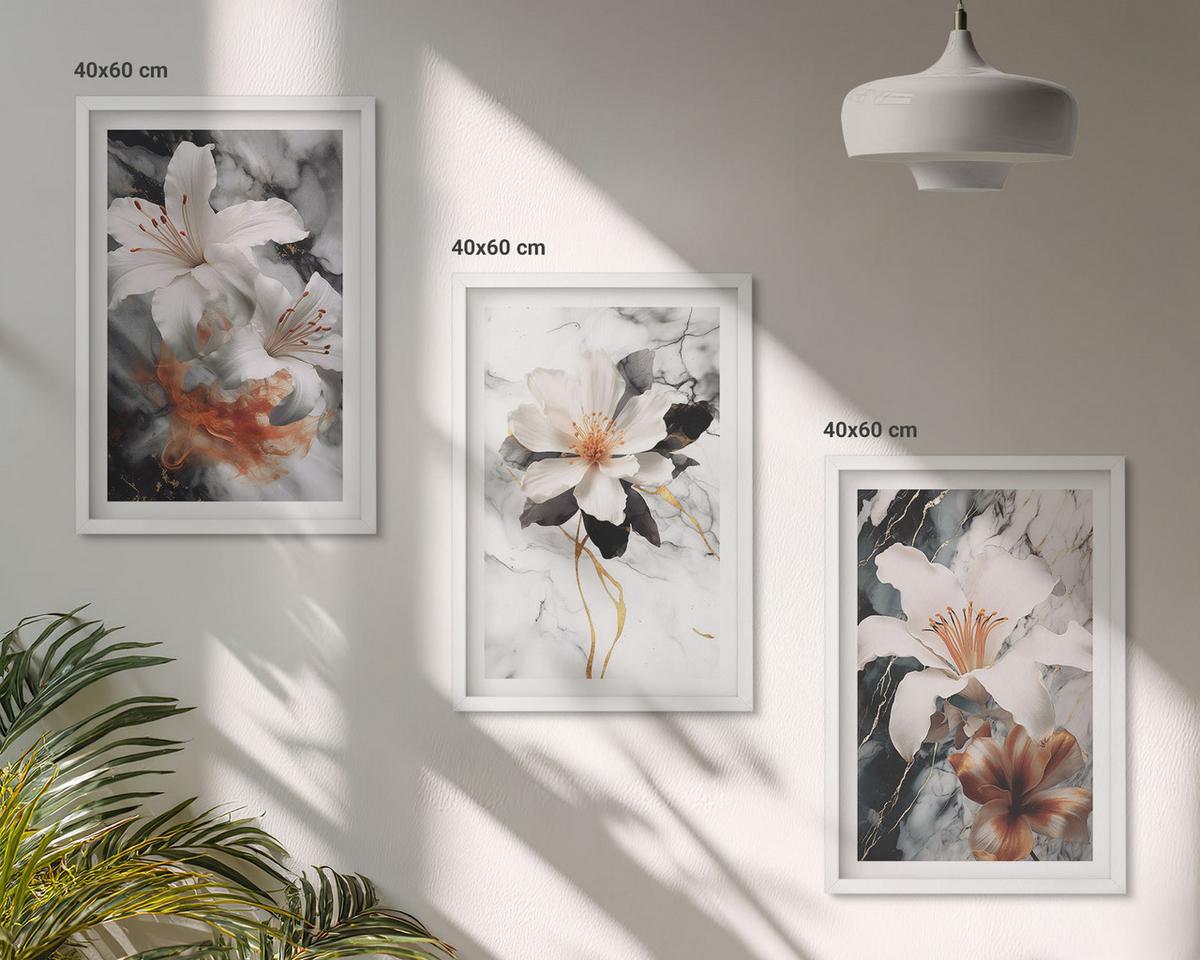 BILDER SET 3er Set - 40x60 cm Weißer Rahmen - Blumen Marmor weiß schwarz - Weiß, Kunststoff (40/60cm) - TULUP