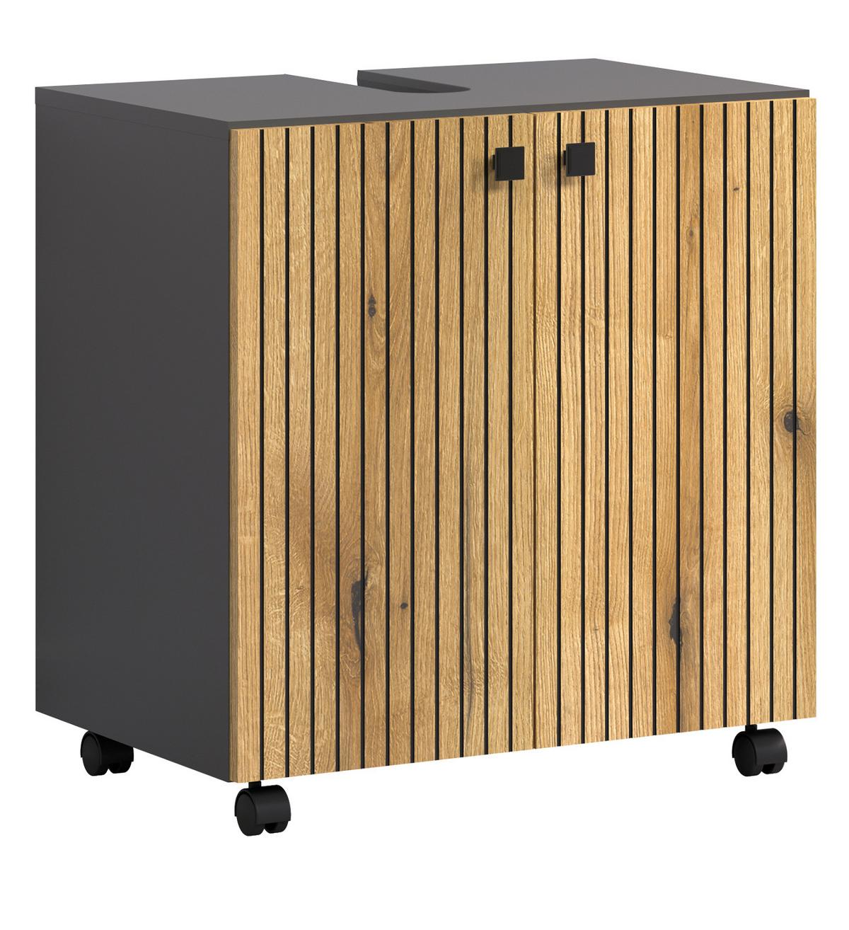 WASCHBECKENUNTERSCHRANK Evoke Eiche, grau 60 cm, Badschrank auf Rollen - Eichefarben/Anthrazit, Holzwerkstoff/Metall (60/64/42cm) - Top.Furn