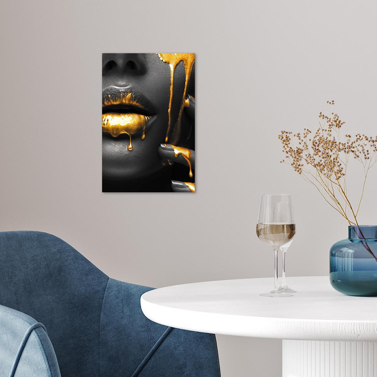 POSTER Frau - Schwarz - Gold - Gesicht - Lippen Room Decor 20x30 cm - Goldfarben, Papier (20/30/0.1cm) - MuchoWow