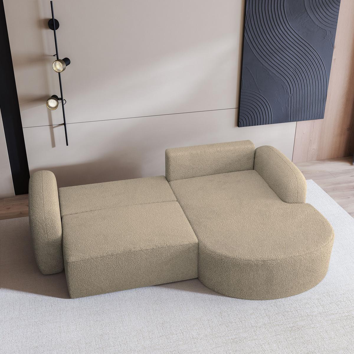 ECKSOFA AMILIA R-S Beige Boucle-Stoff mit Schlaffunktion - Beige, Holz (263/174cm) - MASSENO