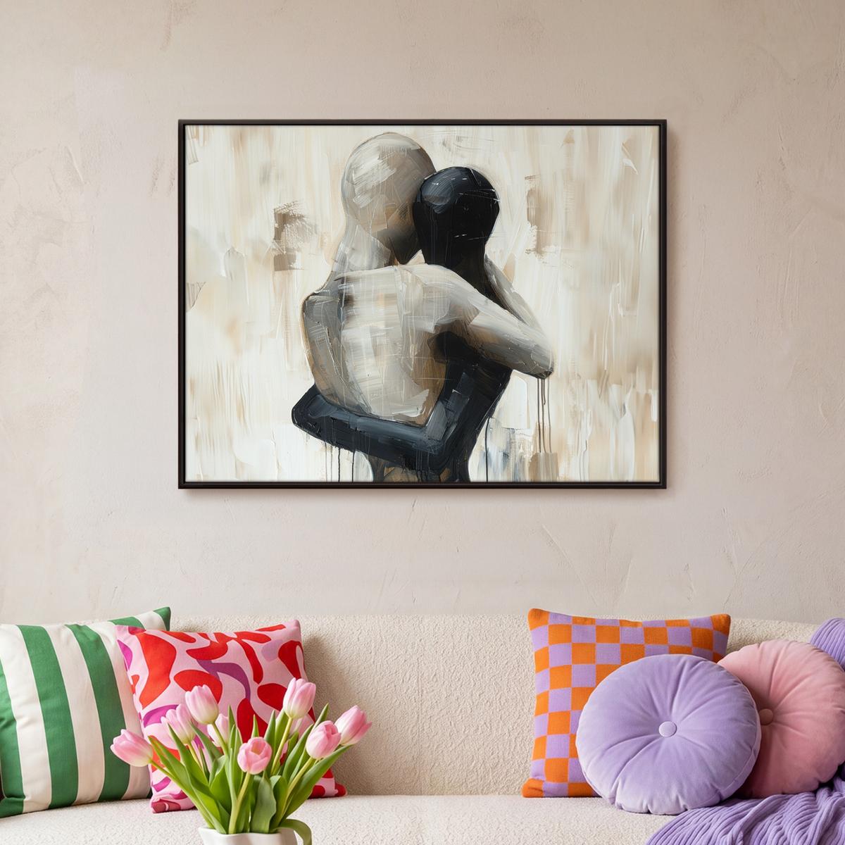 LEINWAND Bilder mit Rahmen - Abstrakt - Liebe - Schwarz und weiß - Modern - 80x60 - Schwarz, Textil (80/60cm) - MuchoWow