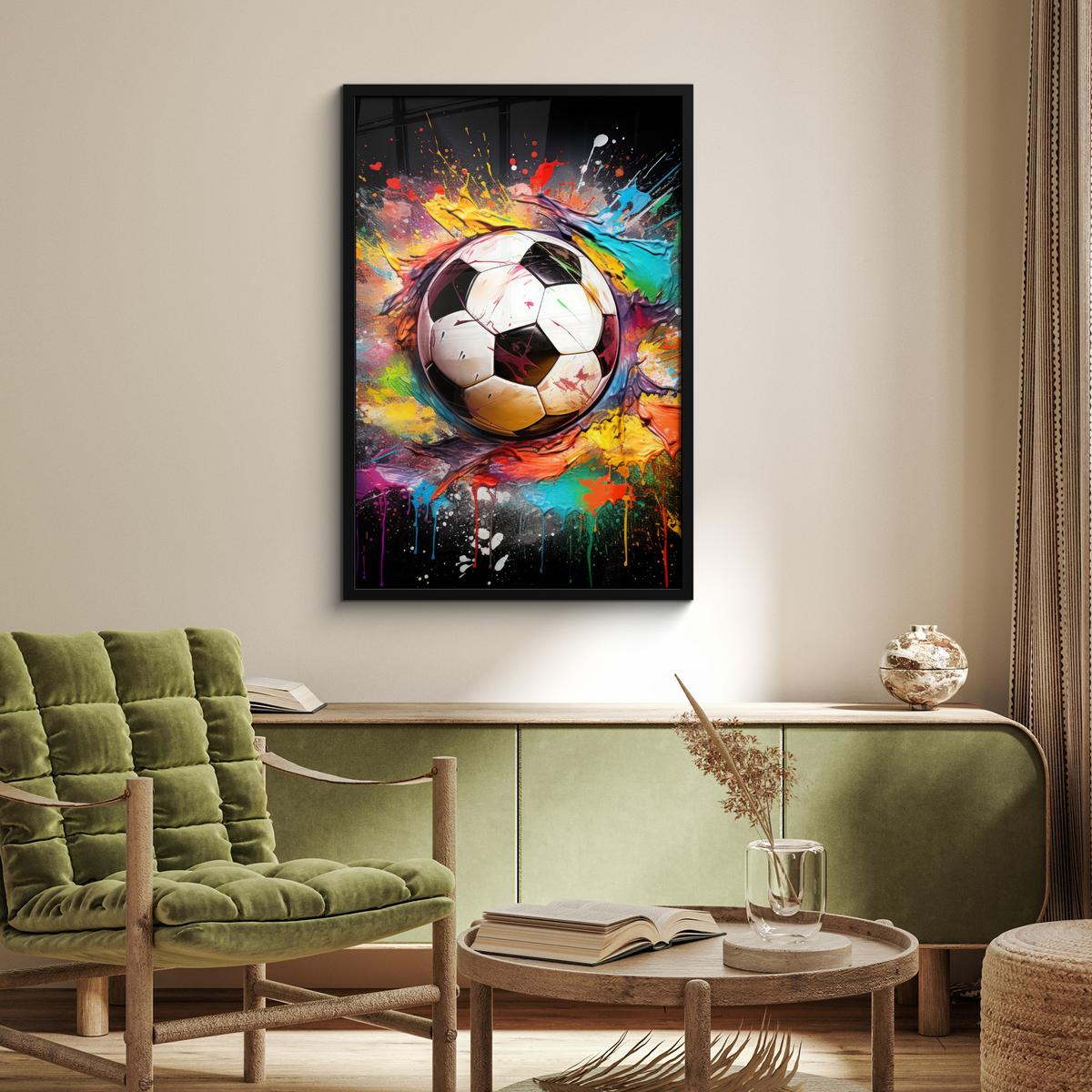 POSTER MIT RAHMENGERAHMTES BILD Fußball - Farbe - Farben - Schwarz - Weiß 60x90 cm - Weiß, Papier (60/90cm) - MuchoWow