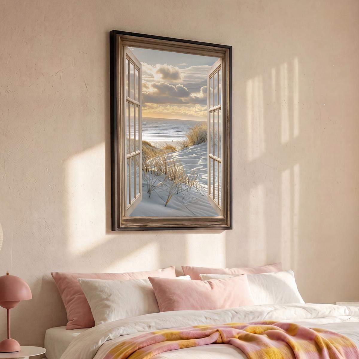 LEINWAND Bilder mit Rahmen - Ausblick - Strand - Dünen - Meer - Natur - 80x120 - Sandfarben, Textil (80/120cm) - MuchoWow