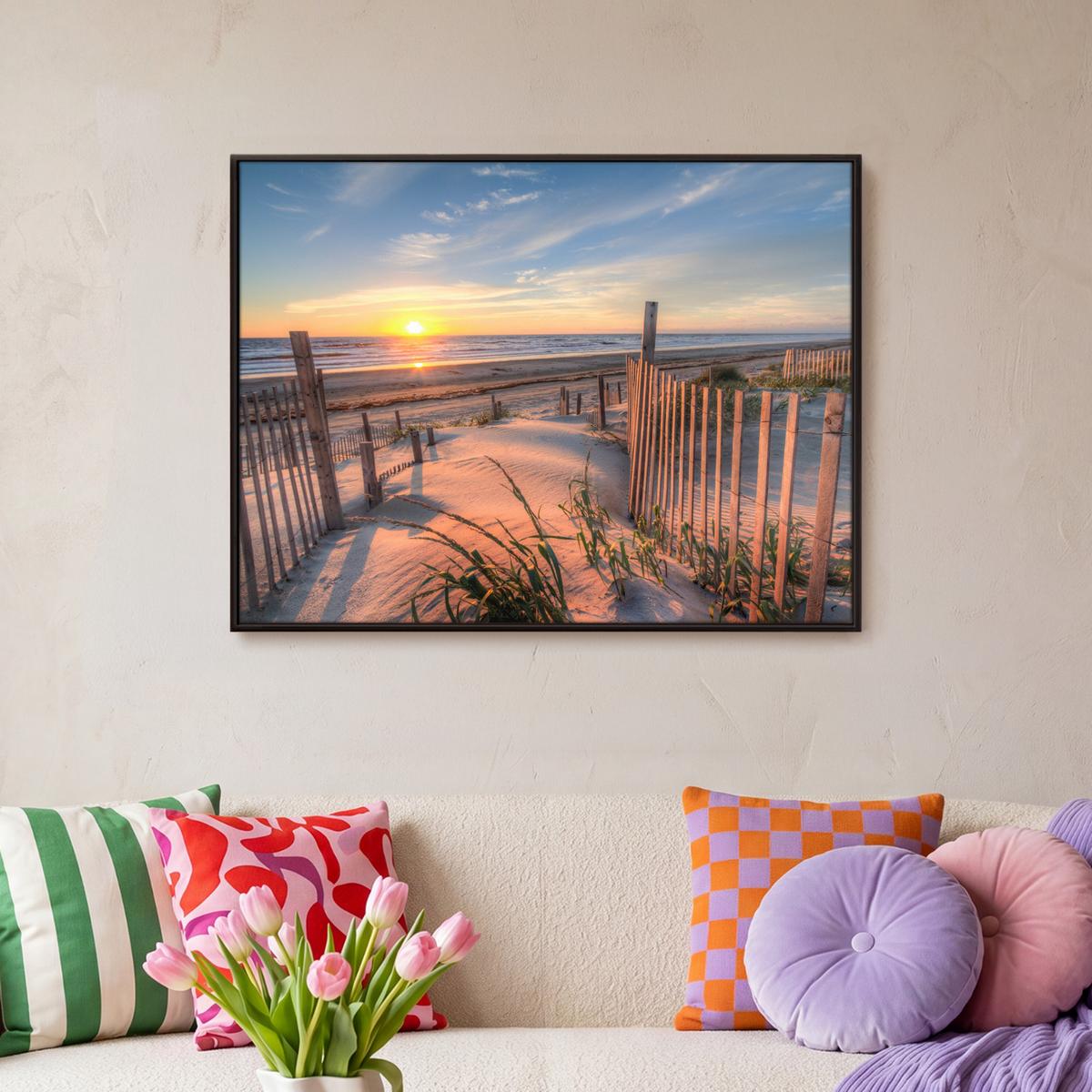 LEINWAND Bilder mit Rahmen - Strand - Meer - Düne - Sonnenuntergang - Landschaft - 80x60 - Beige, Textil (80/60cm) - MuchoWow