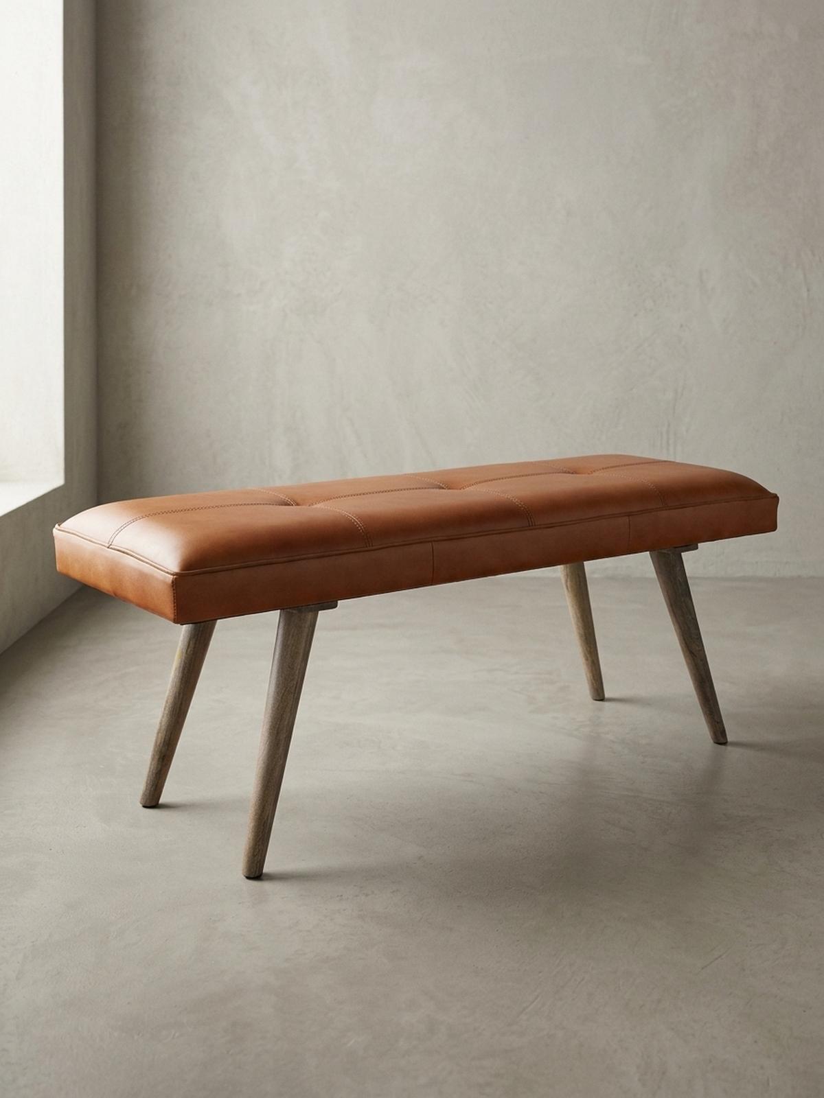 SITZBANK – Ziegenleder/Massivholz, Retro-Stil, 200 kg Belastbarkeit - Braun, Mangoholz/Leder (117/51/38cm) - KADIMA DESIGN