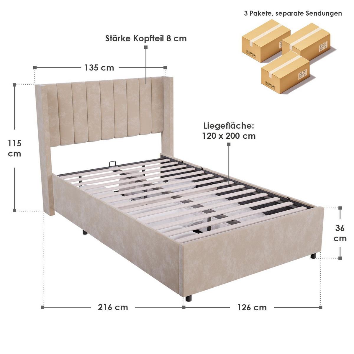 POLSTERBETT Savona beige 120 x 200 cm - Beige, Holzwerkstoff (120/200cm) - Juskys