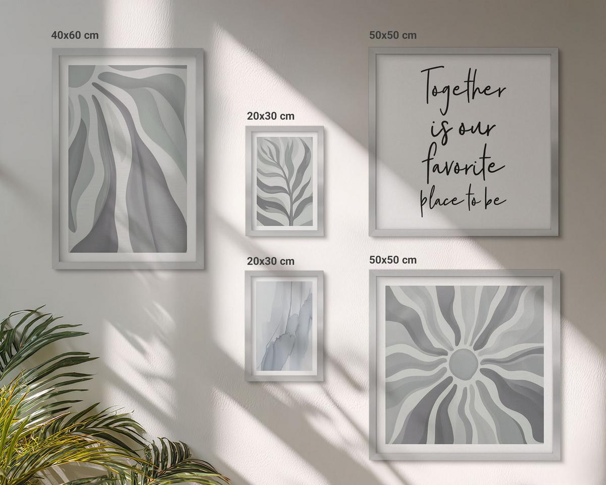 BILDER SET 5er Set - 50x50 cm & 20x30 cm & 40x60 cm Silberner Rahmen - Illustrationen mit floralen Pastellmustern - Silberfarben, Kunststoff (40/60cm) - TULUP