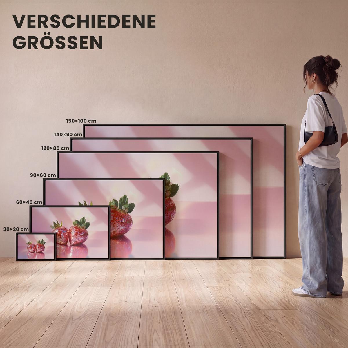 LEINWAND Bilder mit Rahmen - Disco - Obst - Glitzer - Erdbeere - 120x80 - Pink, Textil (120/80cm) - MuchoWow
