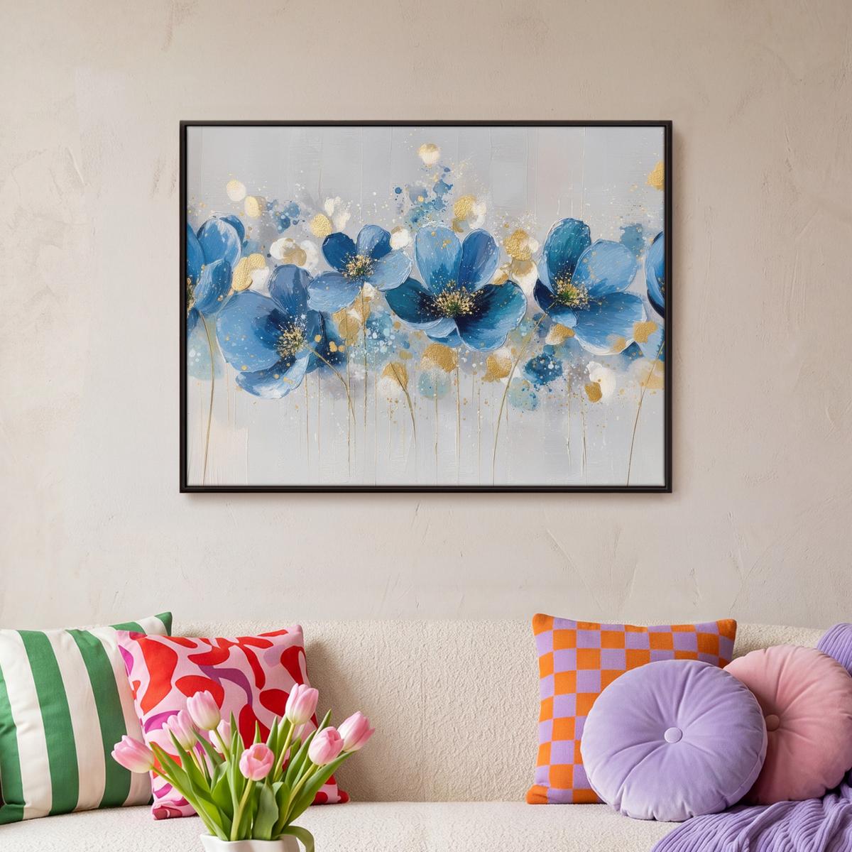 LEINWAND Bilder mit Rahmen - Blumen - Blau - Abstrakt - 70x50 - Hellgrau, Textil (70/50cm) - MuchoWow