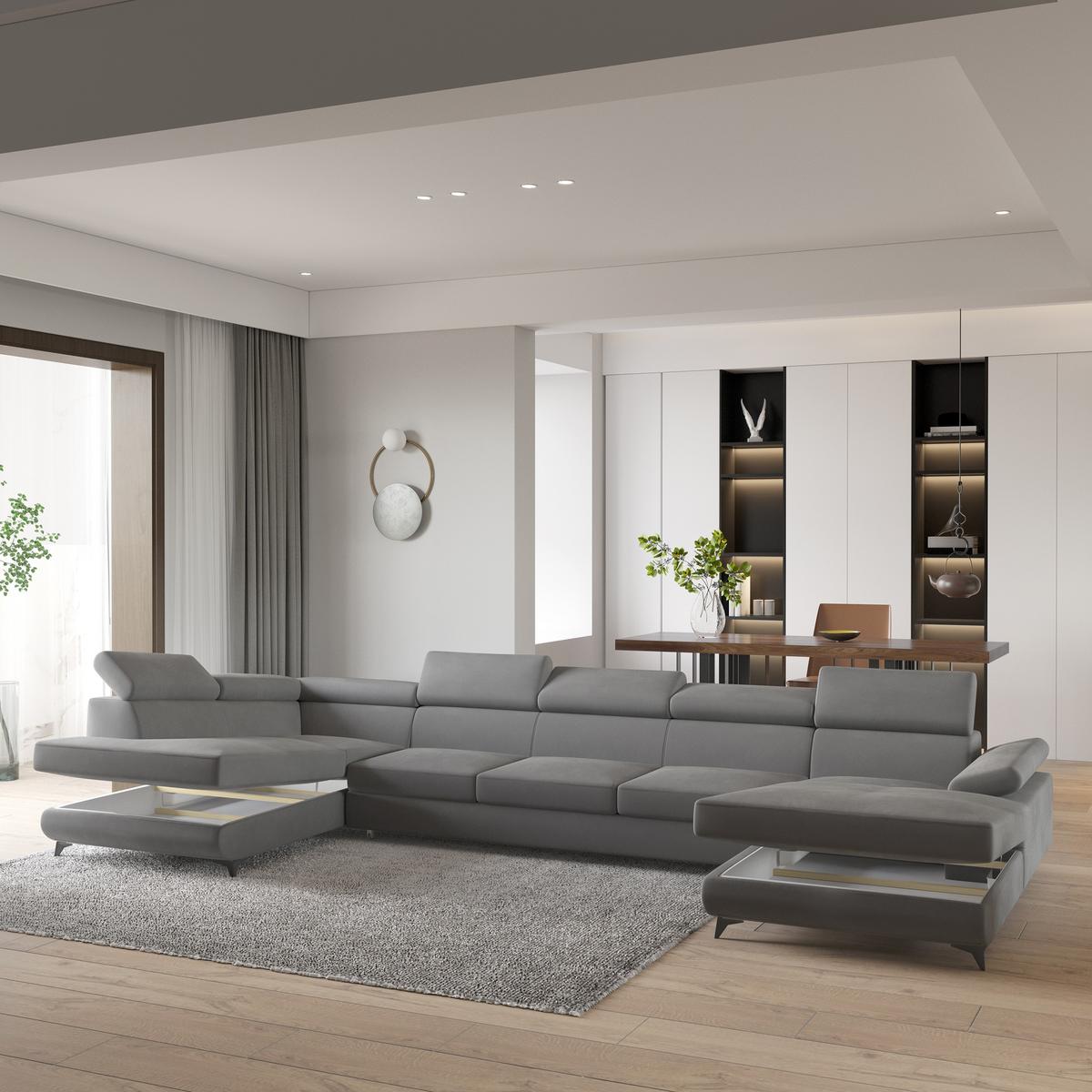WOHNLANDSCHAFT MONTIVA Grau Velours-Stoff mit Schlaffunktion - Grau, Holz (410/89/190cm) - MASSENO