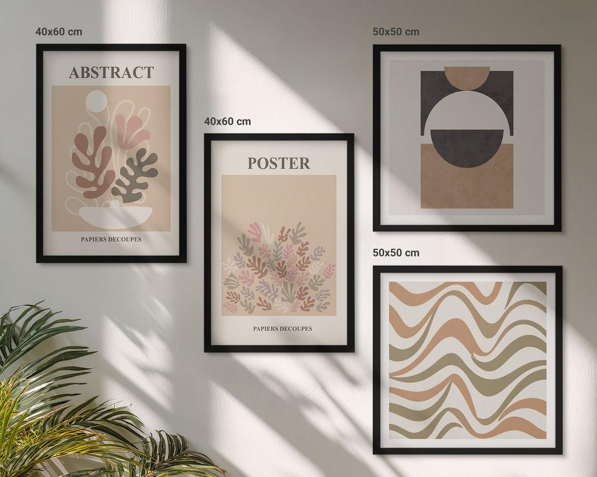BILDER SET 4er Set - 50x50 cm & 40x60 cm Schwarzer Rahmen - Abstrakte Formenmuster - Schwarz, Kunststoff (50/50cm) - TULUP