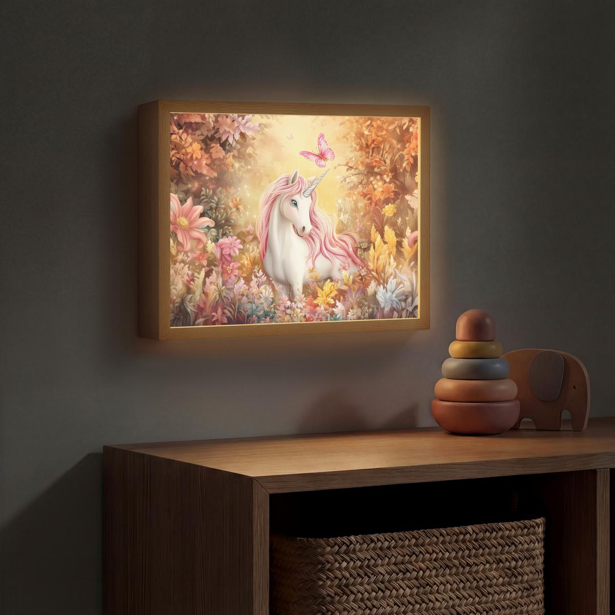 WANDLEUCHTE MIT AKKU Einhorn - Blumen - Schmetterling - Rosa 40x30 cm - Beige, Holzwerkstoff (40/30/8cm) - OnlyWow