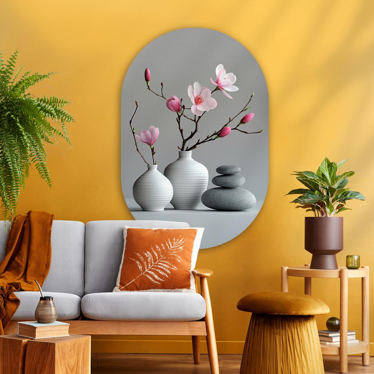 WANDBILD Magnolie - Blumen - Rosa - Zen-Steine Deko Groß 80x120 cm - Hellgrau, Kunststoff (80/120cm) - MuchoWow