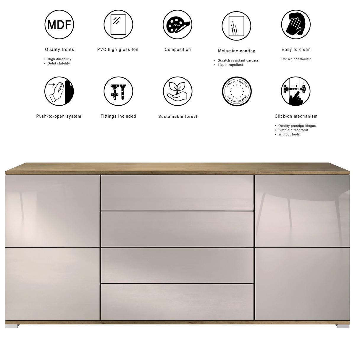 SIDEBOARD Rova Schwarz Hochglanz - Schwarz Hochglanz, Holzwerkstoff (166.5/75.5/35cm) - Vladon