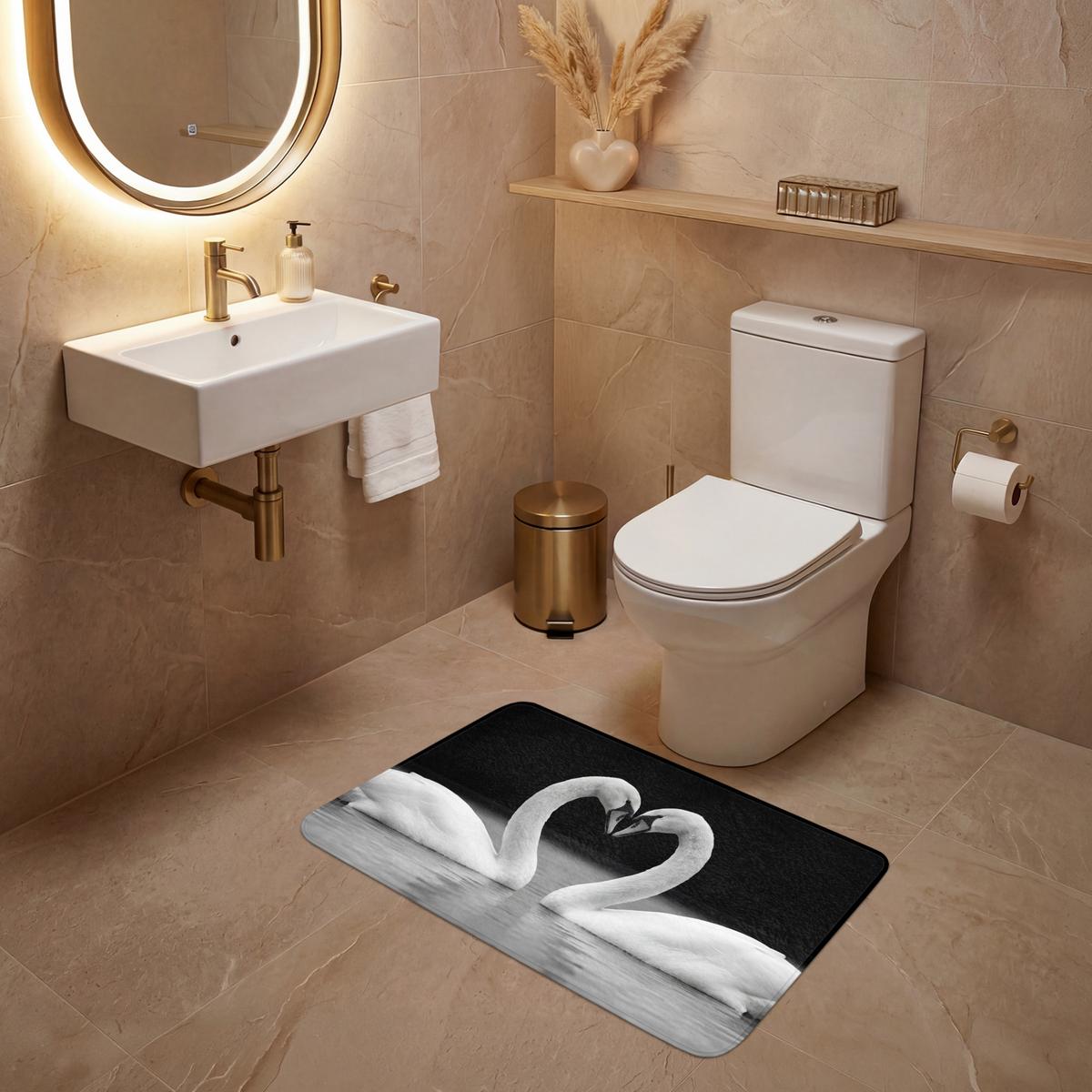 WC-VORLEGER Schwäne - Herz - Schwarz - Weiß Toilettenteppich 80x50 cm - Schwarz, Textil (80/1cm) - OnlyWow