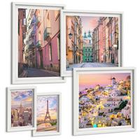 BILDER SET 5er Set - 50x50 cm & 20x30 cm & 40x60 cm Weißer Rahmen - New York Paris Oia Warschau Dämmerung - Weiß, Kunststoff (40/60cm) - TULUP