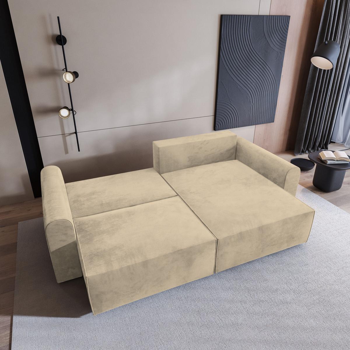 ECKSOFA FIANO M Creme Velours-Stoff mit Schlaffunktion - Creme/Grau, Holz/Kunststoff (245/148cm) - MASSENO