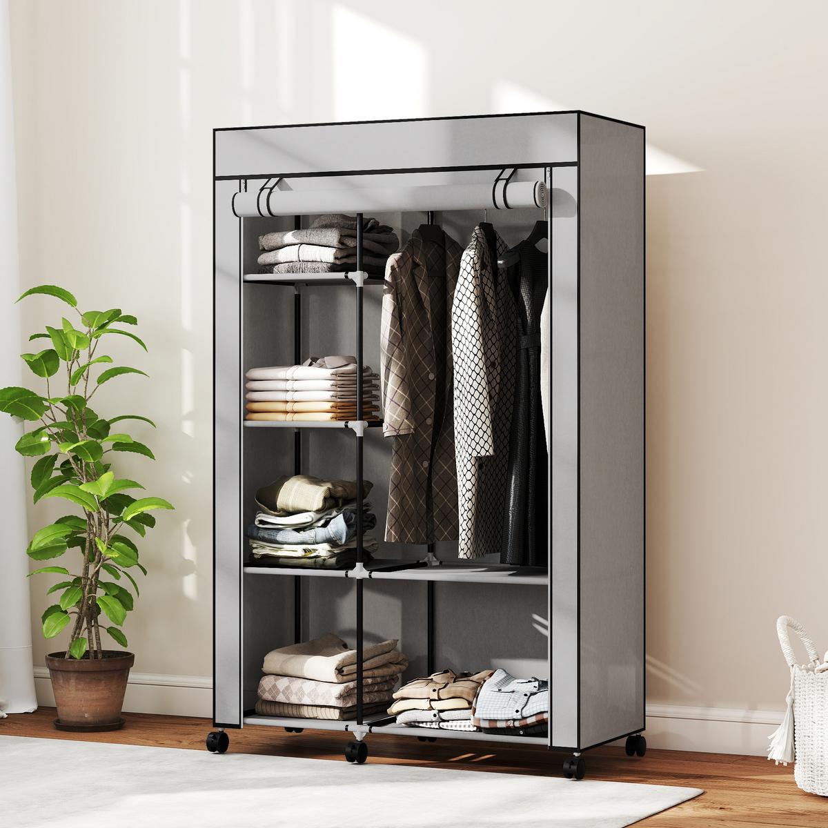 STOFFSCHRANK mit 2 Kleiderstangen, 6 Fächern Hellgrau - Hellgrau, Metall (43/162.5/103cm) - HOMCOM