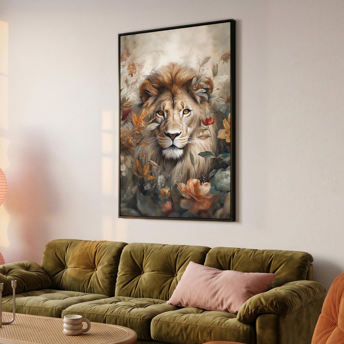 LEINWAND Bilder mit Rahmen - Löwe - Wildtiere - Pflanzen - Natur - Blumen - 80x120 - Beige, Textil (80/120cm) - MuchoWow