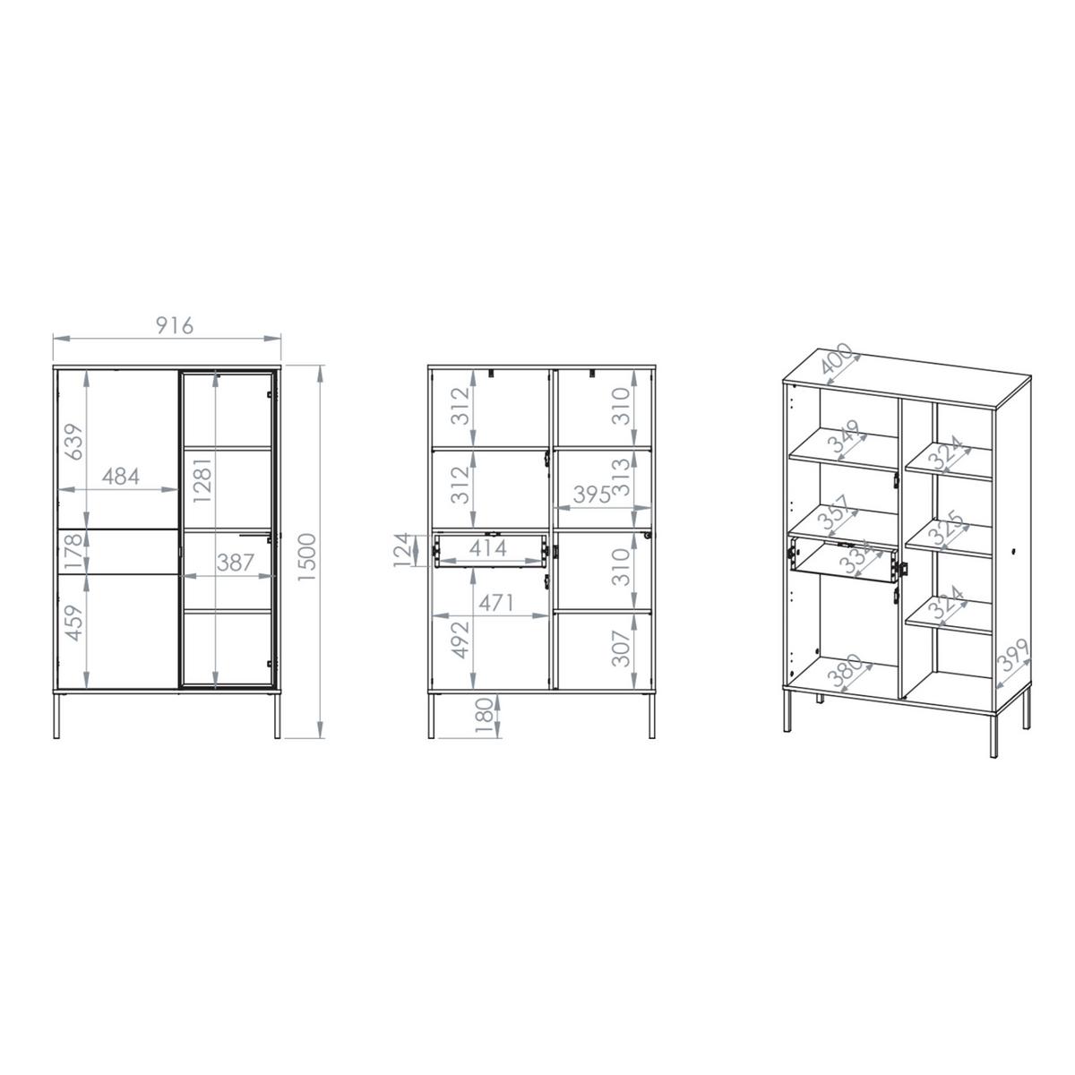 VITRINE Barnee 3-türig Eichenoptik, 92 cm - Beige/Schwarz, Holzwerkstoff/Metall (150/91.6/40cm) - Selsey