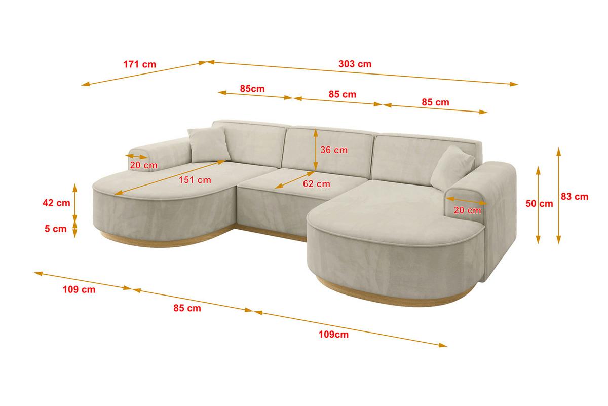 WOHNLANDSCHAFT MARI-U1-v2 - 303x171x83 cm Ecru Velours - Ecru, Holzwerkstoff/Textil (303/83/171cm) - ALTDECOR