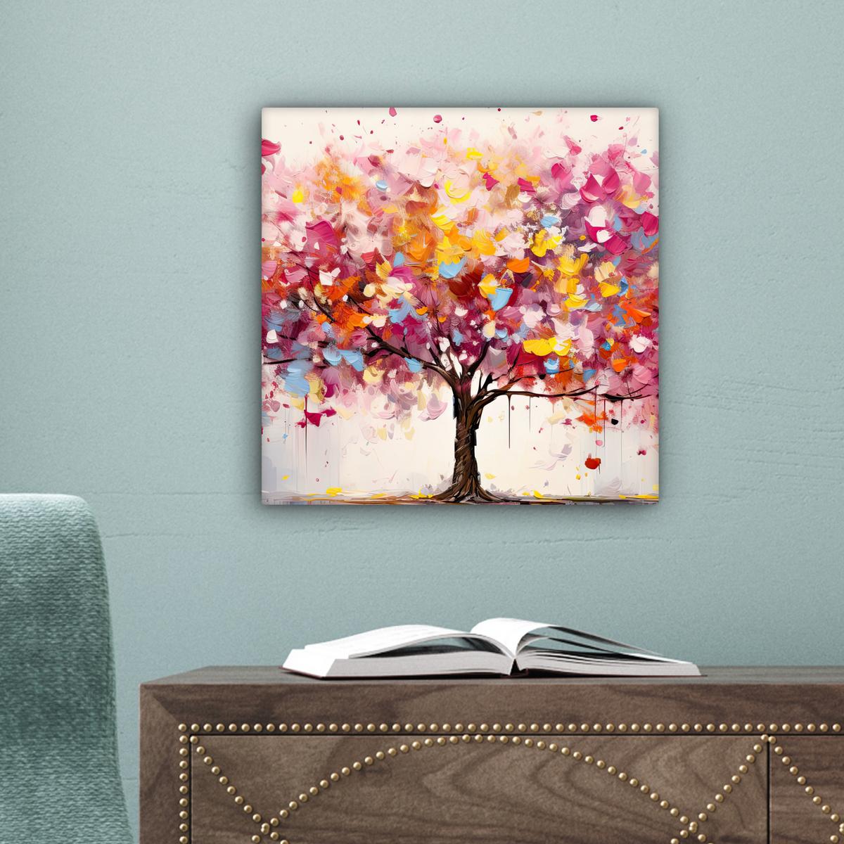 LEINWANDBILD Aquarell - Baum - Kunst - Abstrakt Deko Wohnzimmer 20x20 cm - Rosa, Textil (20/20cm) - MuchoWow