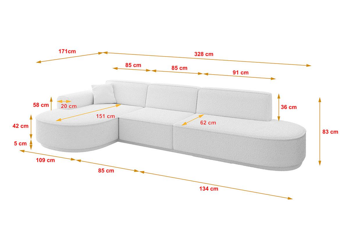 ECKSOFA Ottomane Links MARI-L2-v3 - 328x171x83 cm Weiß Bouclé - Schwarz/Weiß, Holzwerkstoff/Kunststoff (328/171cm) - ALTDECOR