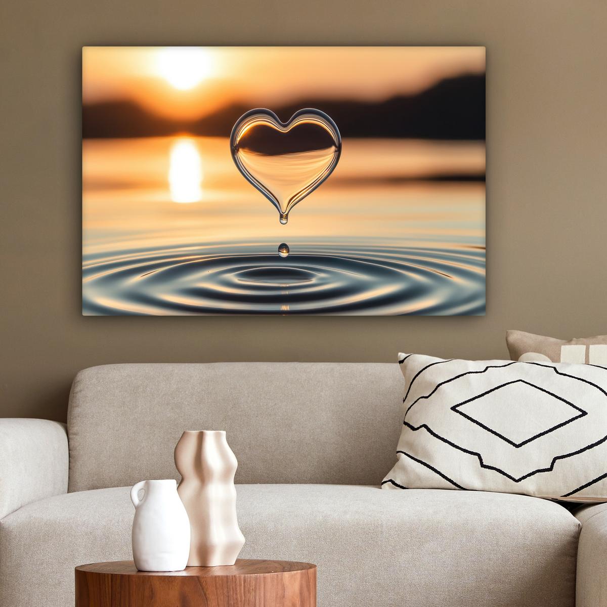 LEINWANDBILD Herz - Wasser - Sonnenuntergang - Natur - Zen Gemälde 60x40 cm - Bernsteinfarben, Textil (60/40cm) - MuchoWow