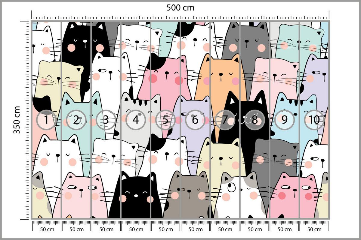 FOTOTAPETE für Kinderzimmer Bunte Katzen Cartoon Abstraktion 500x350 - Blau/Gelb, Papier (500/350cm) - Muralo