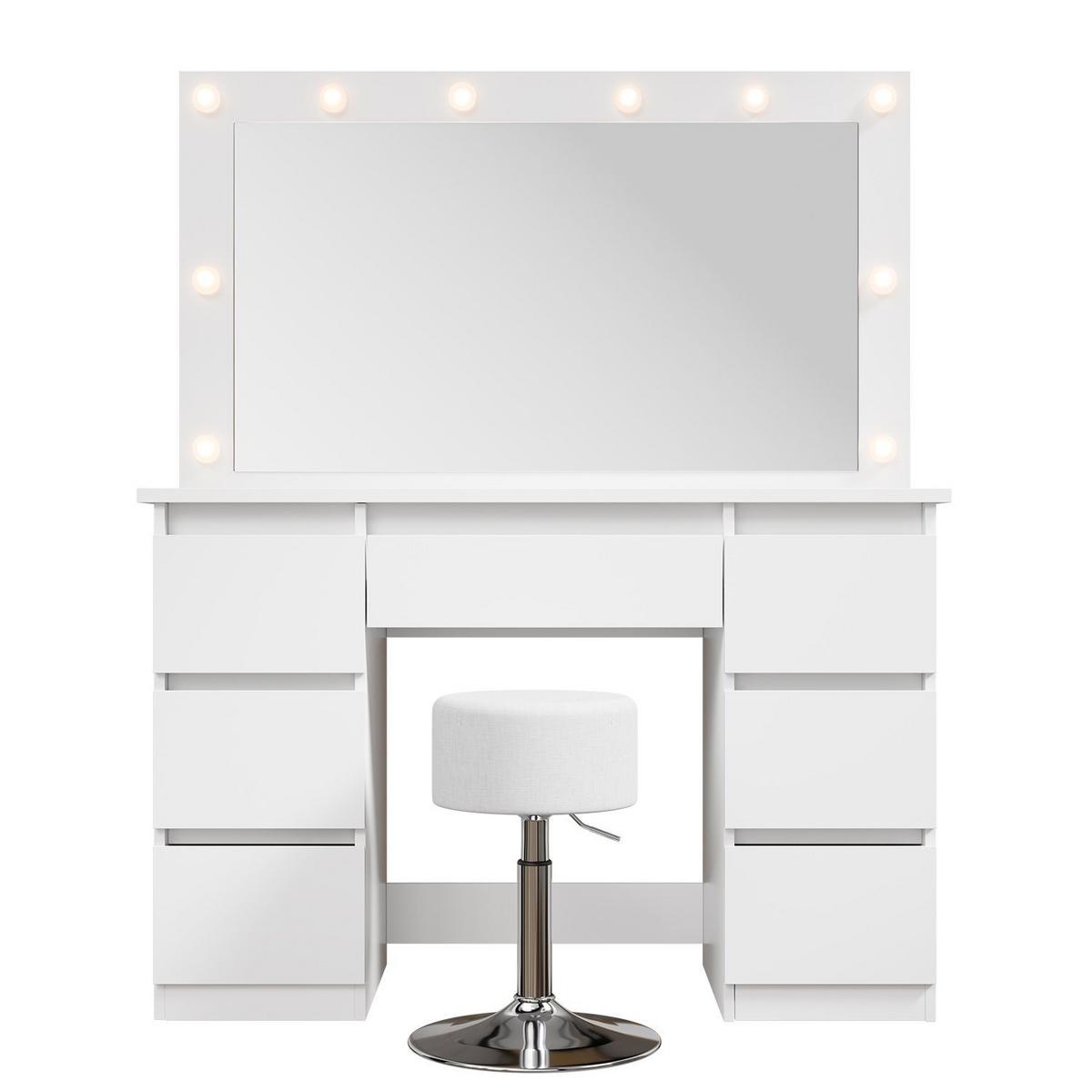 SCHMINKTISCH Lilia weiß mit LED-Beleuchtung und Hocker Tonia - Weiß, Holz (108/140/41cm) - Juskys