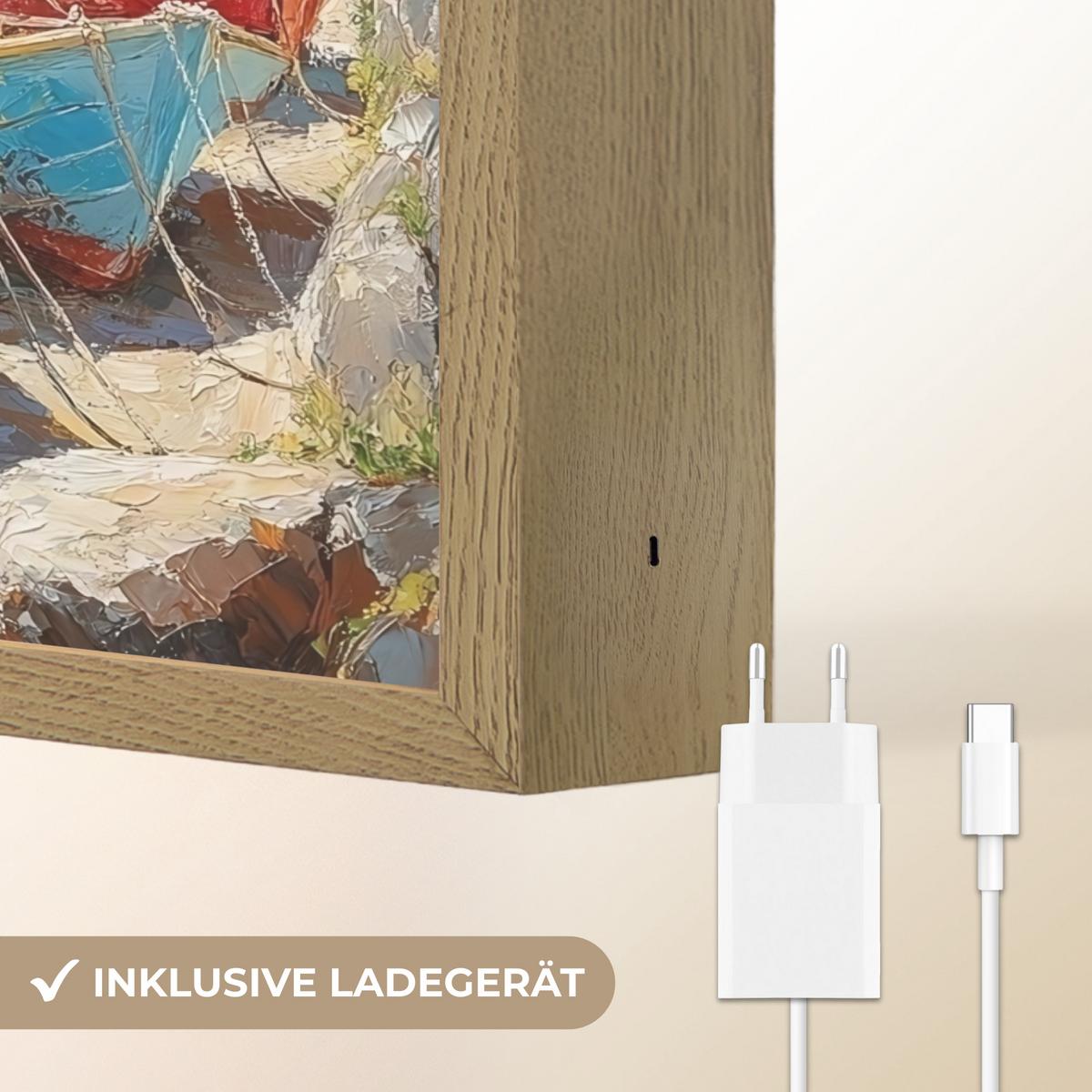 WANDLEUCHTE MIT AKKU Boote - Felsen - Meer - Sonne 30x40 cm - Blau, Holzwerkstoff (30/40/8cm) - OnlyWow