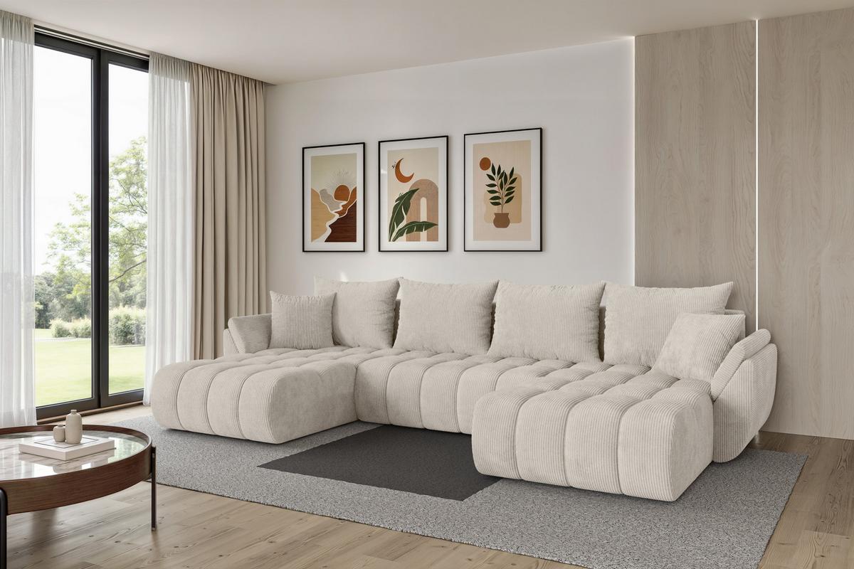 WOHNLANDSCHAFT mit Schlaffunktion und Bettkasten TOKO-U-v1 378x194x86 Creme Cord - Ecru/Creme, Holzwerkstoff/Kunststoff (378/86/194cm) - ALTDECOR