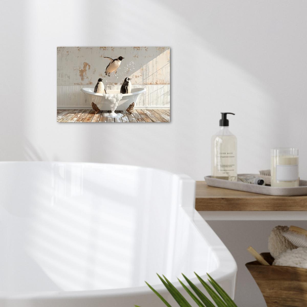 LEINWANDBILD Vintage - Pinguin - Badewanne - Schaumstoff Deko Schlafzimmer 30x20 cm - Schwarz, Textil (30/20cm) - MuchoWow