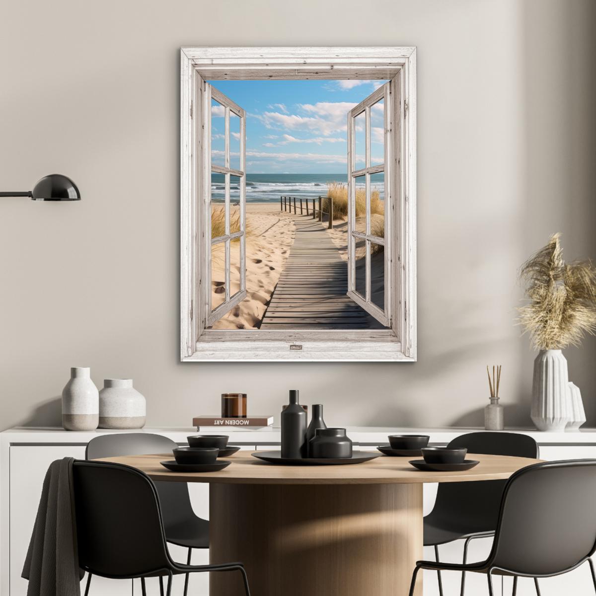 METALLBILD Fenster - Meer - Küste - Natur - Ausblick - Strand - Wattenmeer 60x80 cm - Beige, Metall (60/80cm) - MuchoWow