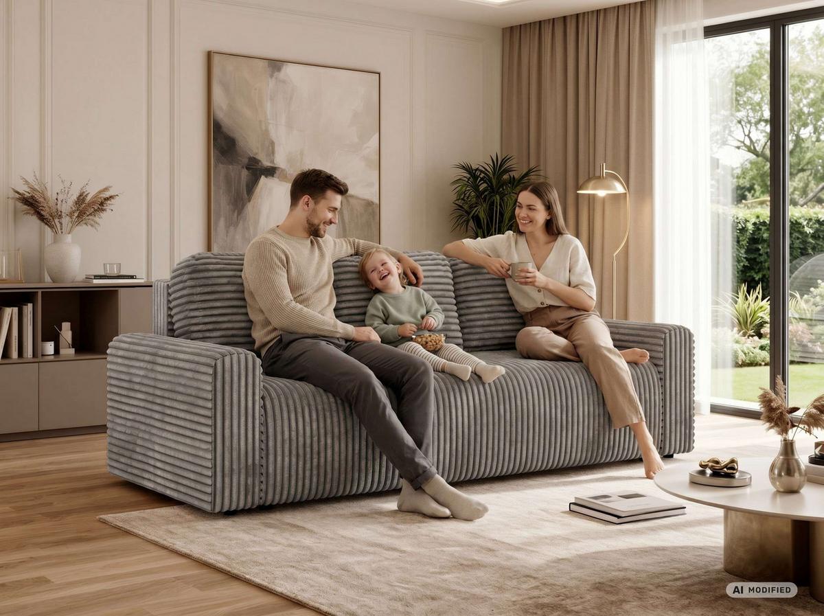 3-SITZER-SOFA NESSARO - Grau Cord - Schwarz/Grau, Kunststoff/Textil (243/92/90cm) - MKS