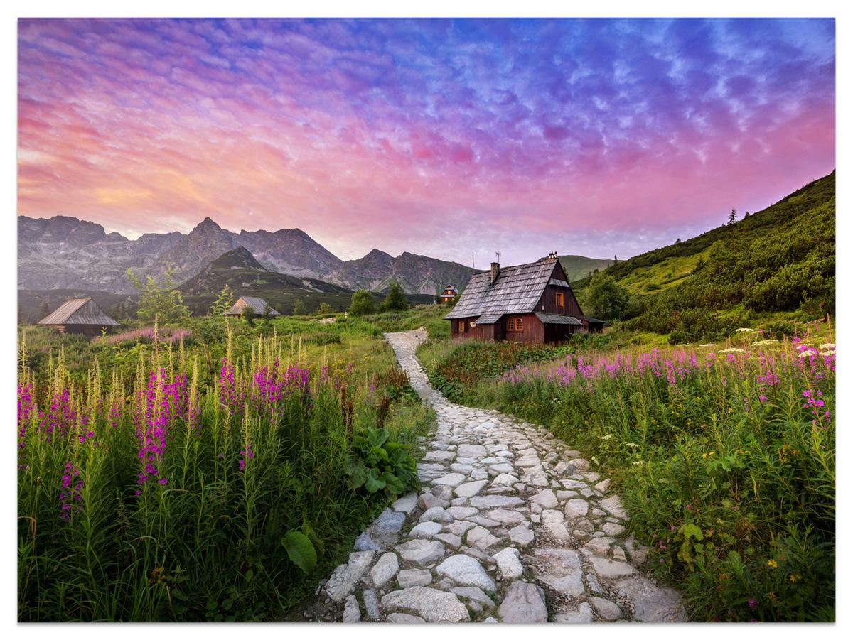FOTOTAPETE für Schlafzimmer Berglandschaft Holzchalet Natur 500x350 - Beige/Violett, Papier (500/350cm) - Muralo