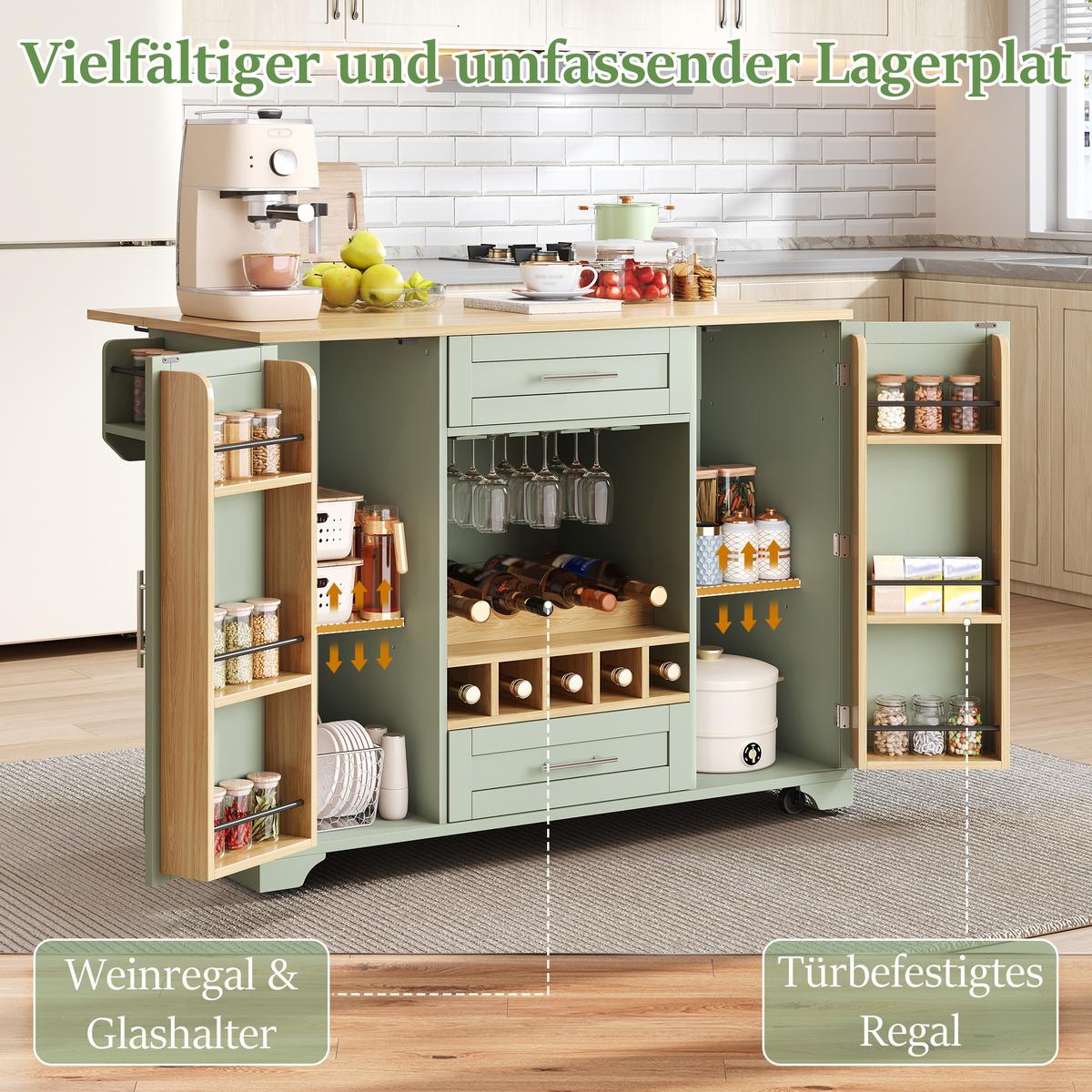KÜCHENINSEL Antique Green Mit Klapptisch, Weinregal & Rollen - Waldgrün, Holzwerkstoff (138/92/70cm) - Urban Meuble
