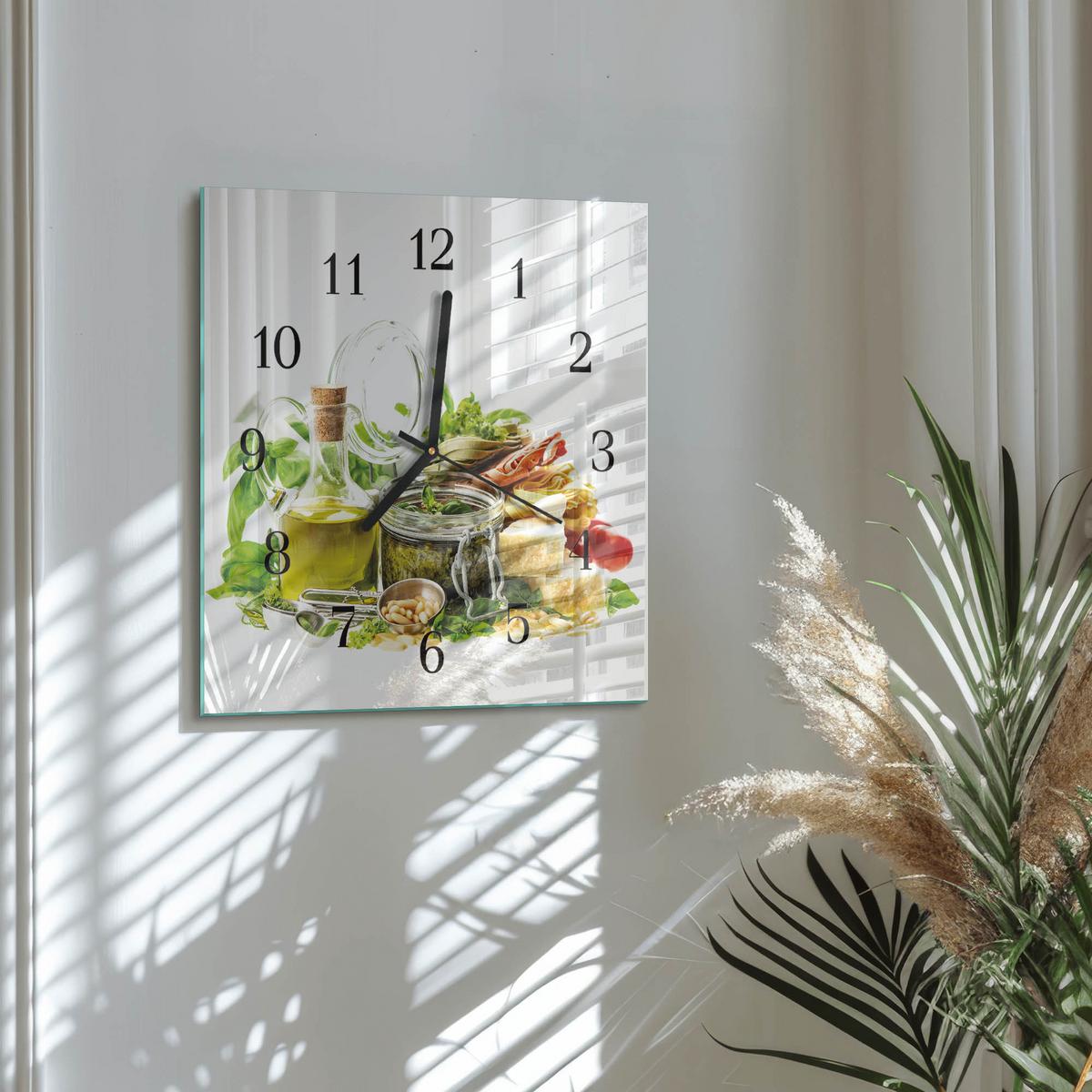 WANDUHR aus Glas 30x30 cm - Nudeln mit Öl - Multicolor, Glas (30/30/0.4cm) - TULUP