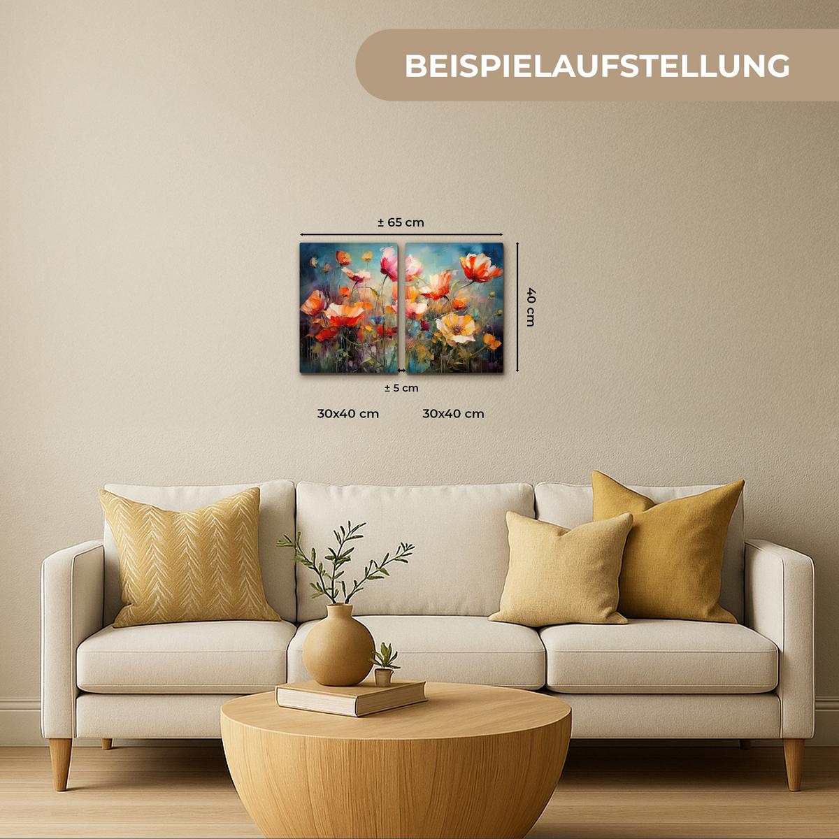 LEINWANDBILD 2er Set Blumen - Bunt - Abstrakt 60x40 cm - Blaugrau, Textil (60/40cm) - MuchoWow