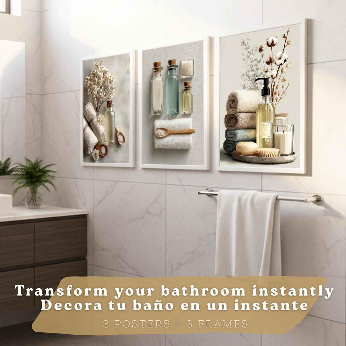 POSTER 3er-Set dekorative Badezimmer-Wandbilder und für Waschbecken, Dusche, WC mit Flaschen, Badesalz und Handtüchern, Naturstil Weißer Rahmen A4 - Weiß, Papier (29.7/21/3cm) - Nacnic