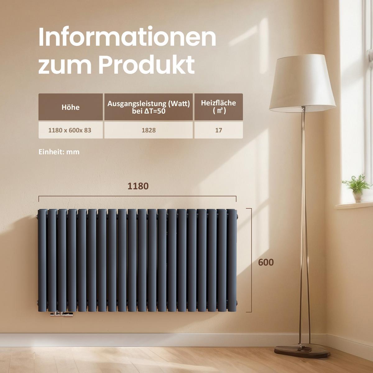 HEIZKÖRPER Doppelrohr horizontal montierbar Anthrazit 60/120/8,1 cm - Anthrazit, Metall (120/60/8cm) - EMKE