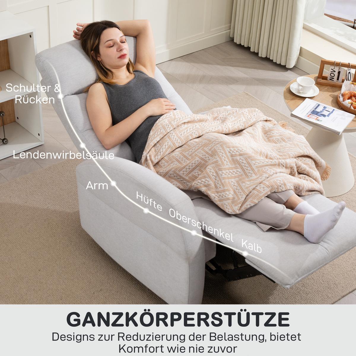 RELAXSESSEL, Fernsehsessel mit Liegefunktion, Gepolstert TV-Sessel mit Fußteil - Hellgrau, Kunststoff (76/103/93cm) - HOMCOM