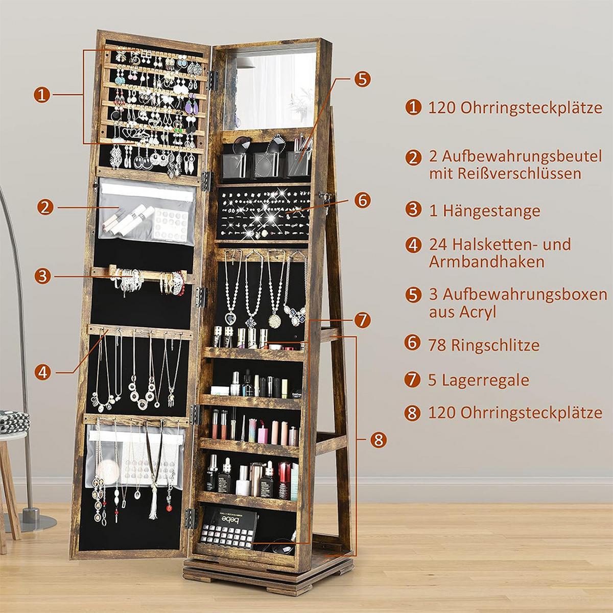 SCHMUCKSCHRANK 161cm Braun - Hellbraun, Holz (39/161/39cm) - COSTWAY