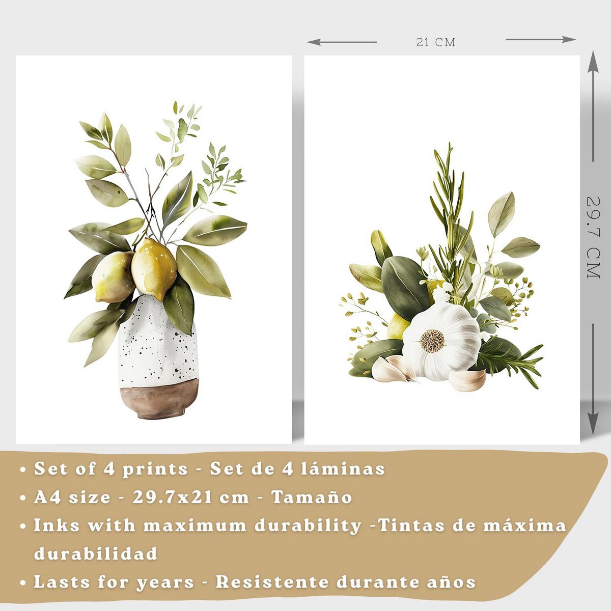 POSTER 4er Set Mediterrane Küchen-Wandbilder Zitronen Knoblauch Oliven Kräuter Aquarell Esszimmer Deko Schwarzer Rahmen A4 - Schwarz, Papier (29.7/1/21cm) - Nacnic