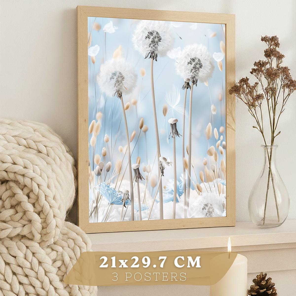 POSTER 3er Kunstdruck-Set Wandbilder Floral Blau modern Wohnzimmer Deko, Schlafzimmer, Küche, Badezimmer Leichter Holzrahmen A3 - Beige, Papier (29.7/1/42cm) - Nacnic