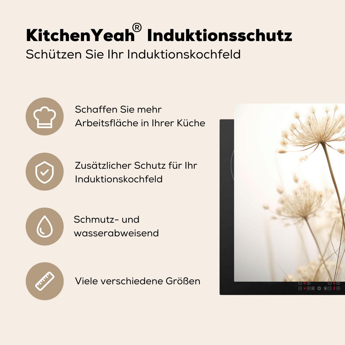 HERDABDECKPLATTE Blumen - Weiß - Sonnenlicht Induktionsschutz 80x52.2 cm - Ecru, Kunststoff (80.2/52.2/0.2cm) - MuchoWow
