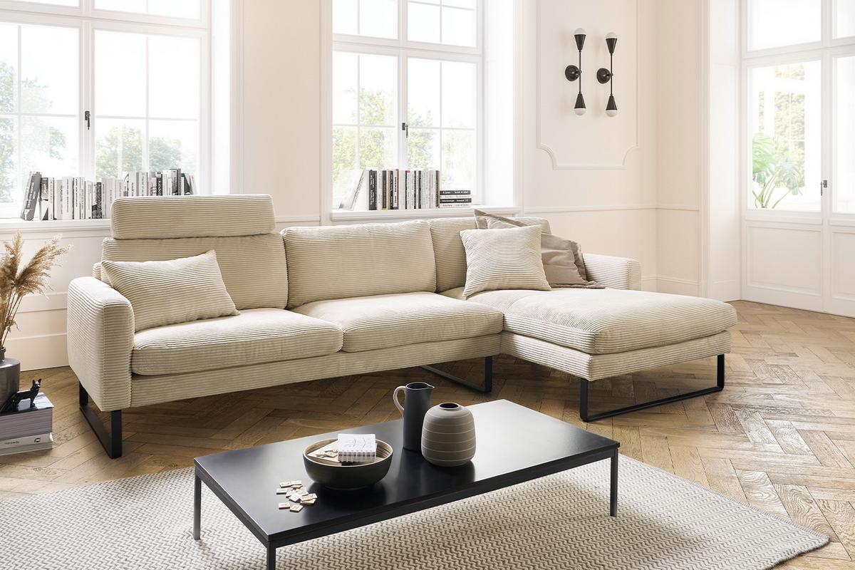 ECKSOFA RICARDA Cremeweiß Cord - Creme/Schwarz, Textil/Metall (298/154cm) - KAWOLA
